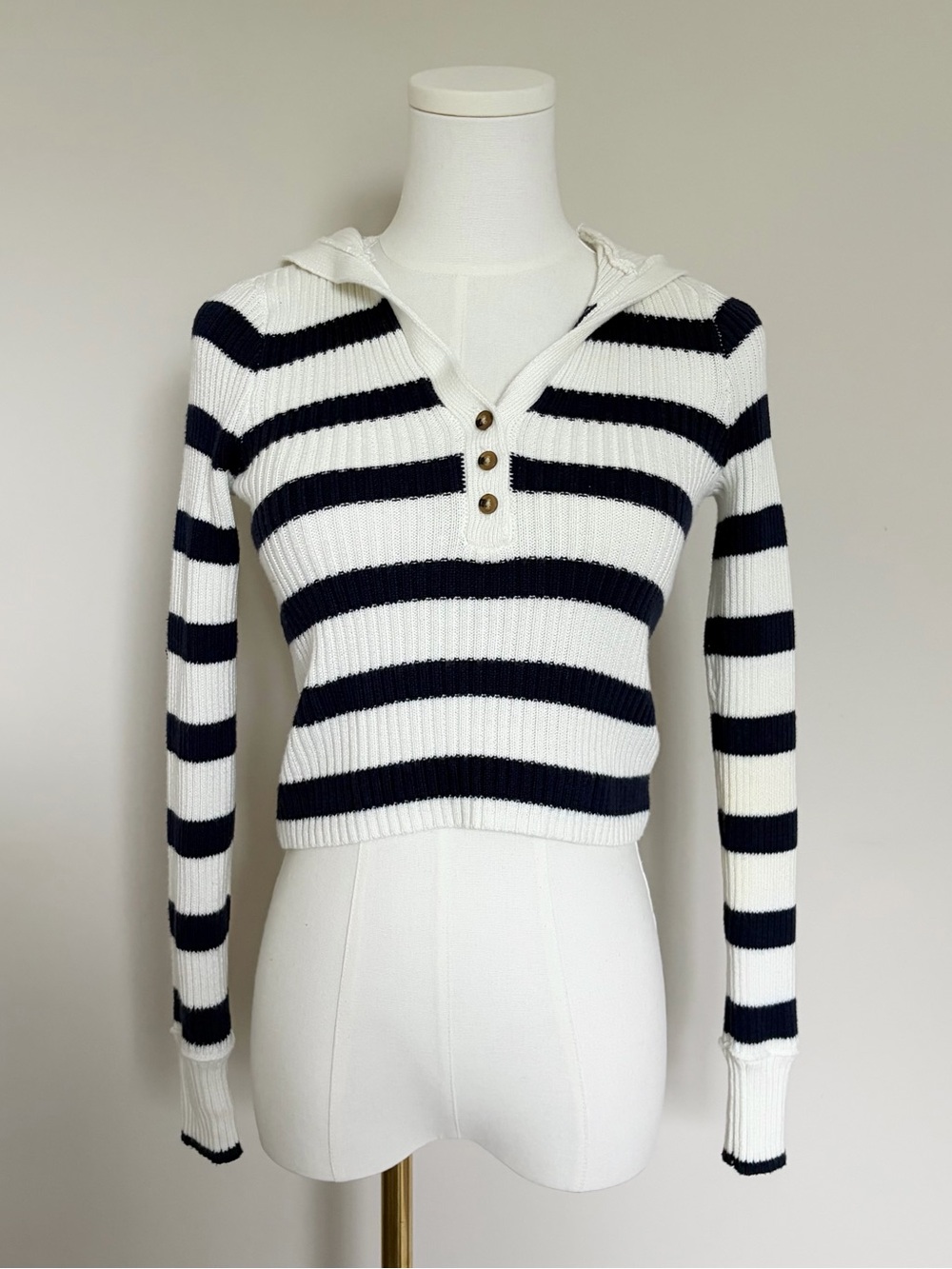 Aeropostale Navy & Off-White Striped V-Neck Hoodie Sweater